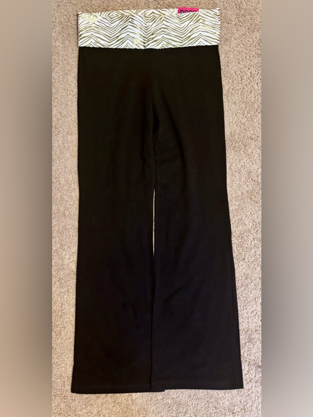 PINK Victoria's Secret Black Flared Yoga Pants with White & Gold Zebra Waistband